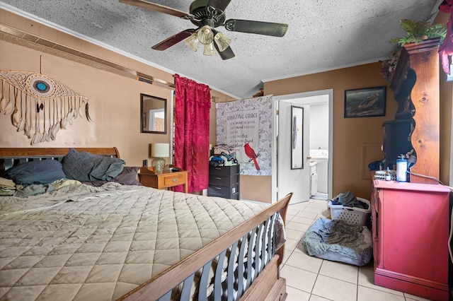 1618 E State Line Rd, Rossville, GA 30741 - bedroom featuring crown molding, tile patterned flooring, a textured ceiling, a ceiling fan, and ensuite bath