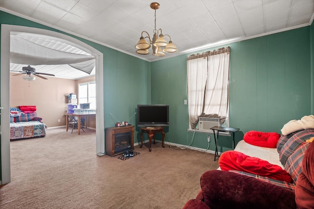 1618 E State Line Rd, Rossville, GA 30741 - living room featuring ornamental molding, carpet floors, a chandelier, a ceiling fan, and cooling unit