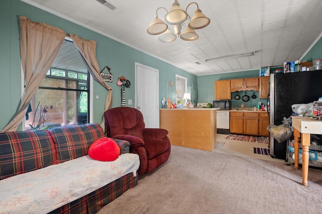 1618 E State Line Rd, Rossville, GA 30741 - living area featuring light carpet, a chandelier, and ornamental molding
