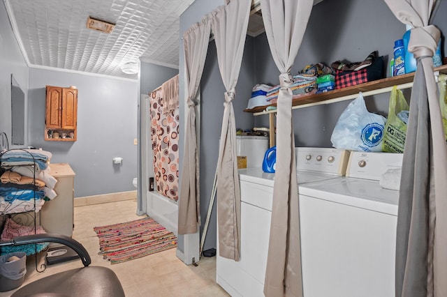 1618 E State Line Rd, Rossville, GA 30741 - bathroom featuring washing machine and dryer, ornamental molding, and shower / bath combo with shower curtain