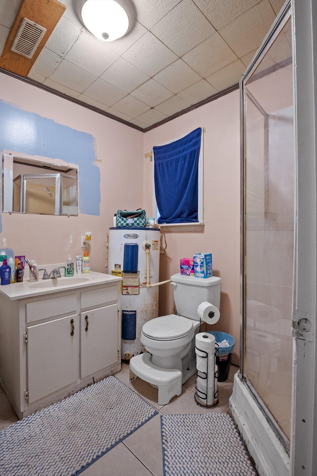 1618 E State Line Rd, Rossville, GA 30741 - bathroom with electric water heater, vanity, a shower stall, and tile patterned flooring