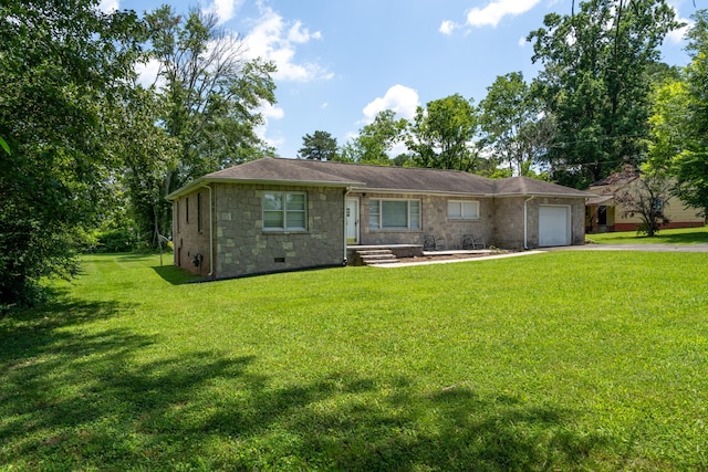 208 Wilder Rd, Chickamauga, GA 30707 - single story home with an attached garage, driveway, a front lawn, and stone siding