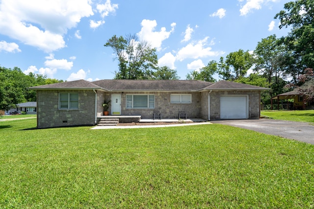 208 Wilder Rd, Chickamauga, GA 30707 - ranch-style home featuring driveway, stone siding, a garage, and a front yard