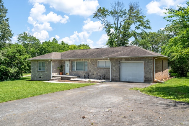 208 Wilder Rd, Chickamauga, GA 30707 - single story home featuring a garage, stone siding, asphalt driveway, and a front yard