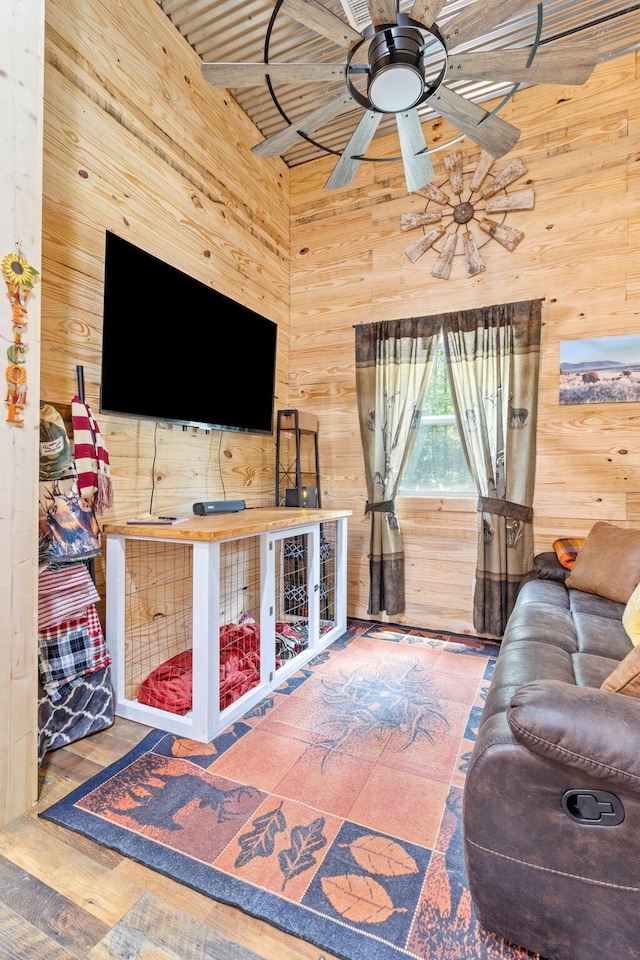 1780 Wolf Haven Rd, Spencer, TN 38585 - living area with wood walls and a ceiling fan
