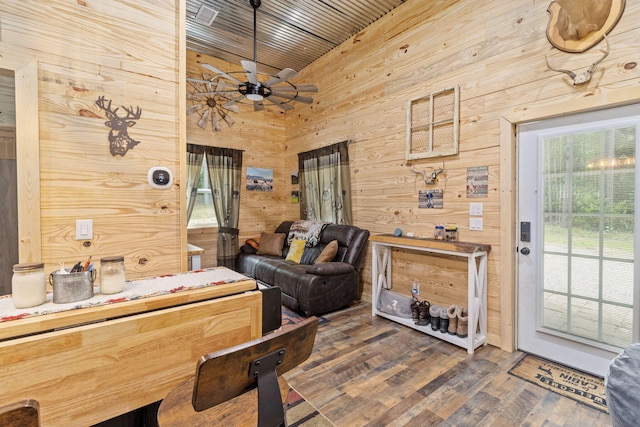 1780 Wolf Haven Rd, Spencer, TN 38585 - interior space with wooden walls, wood finished floors, a ceiling fan, wood ceiling, and lofted ceiling
