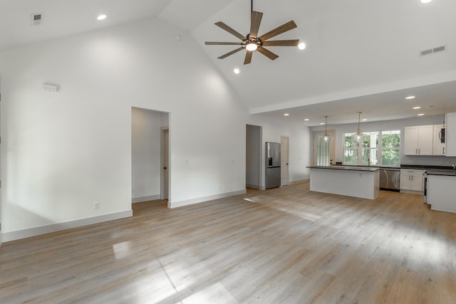 581 W Reed Rd, Lafayette, GA 30728 - unfurnished living room featuring high vaulted ceiling, ceiling fan, recessed lighting, and light wood-style floors