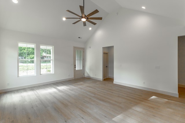 581 W Reed Rd, Lafayette, GA 30728 - unfurnished living room with a ceiling fan, high vaulted ceiling, light wood-style floors, and recessed lighting