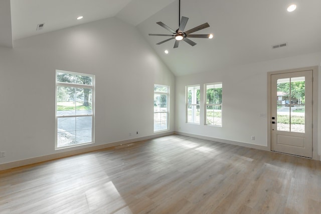 581 W Reed Rd, Lafayette, GA 30728 - unfurnished living room featuring high vaulted ceiling, healthy amount of natural light, recessed lighting, ceiling fan, and light wood-style floors