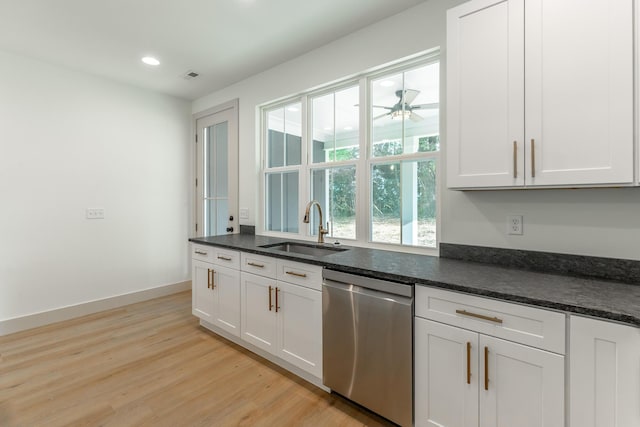 581 W Reed Rd, Lafayette, GA 30728 - kitchen featuring dishwasher, light wood-style flooring, white cabinetry, recessed lighting, and dark stone counters