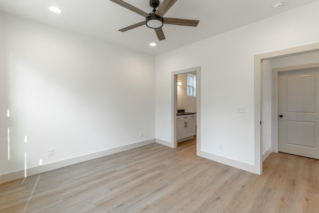 581 W Reed Rd, Lafayette, GA 30728 - unfurnished bedroom with light wood-style floors, recessed lighting, ensuite bathroom, and a ceiling fan