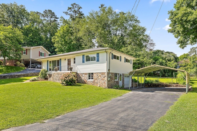3712 Norma Dr, Chattanooga, TN 37412 - view of front of property with stone siding, driveway, a front yard, and a carport