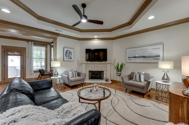 2742 Amsterdam Ln Unit 14, Chattanooga, TN 37421 - living area with a tray ceiling, wood finished floors, crown molding, a ceiling fan, and a fireplace