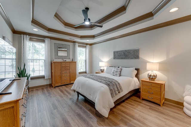 2742 Amsterdam Ln Unit 14, Chattanooga, TN 37421 - bedroom featuring crown molding, a tray ceiling, light wood-style flooring, recessed lighting, and ceiling fan
