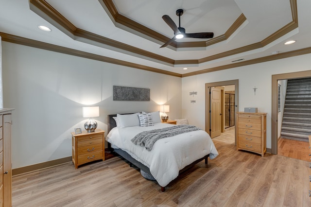 2742 Amsterdam Ln Unit 14, Chattanooga, TN 37421 - bedroom with crown molding, a tray ceiling, recessed lighting, light wood-type flooring, and a ceiling fan