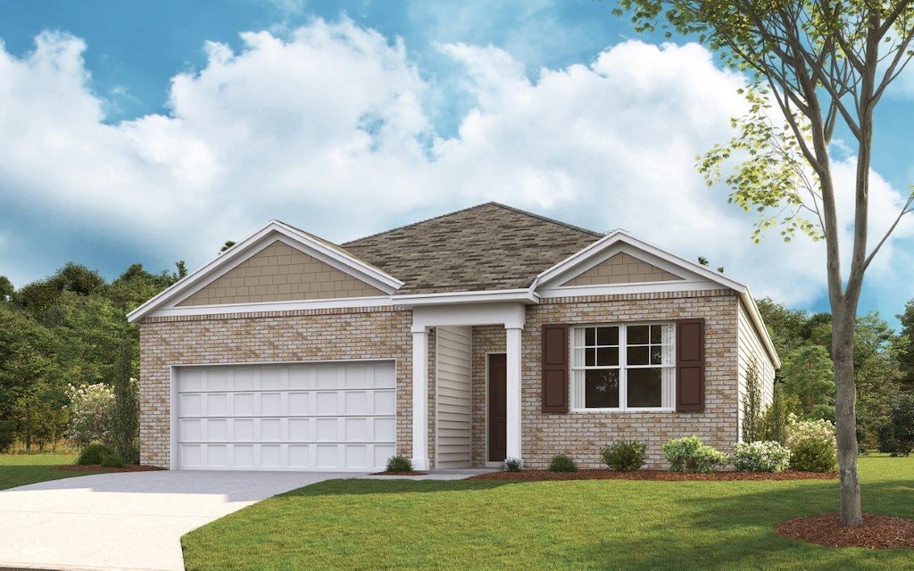273 Crescent Cir, Niota, TN 37826 - view of front of house featuring brick siding, concrete driveway, a front yard, and an attached garage