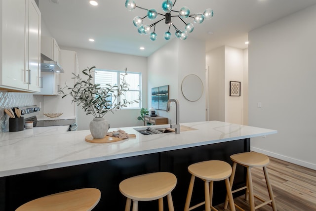 1857 Zeta Way, Chattanooga, TN 37404 - kitchen featuring range with electric cooktop, extractor fan, wood finished floors, a peninsula, and light stone countertops