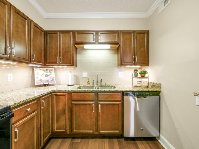 1131 Stringers Ridge Rd Unit 4C, Chattanooga, TN 37405 - kitchen featuring stainless steel dishwasher, dark wood-style floors, light stone countertops, backsplash, and crown molding