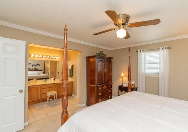 1510 Cannon Dr, Fort Oglethorpe, GA 30742 - bedroom featuring crown molding, connected bathroom, light tile patterned floors, and ceiling fan