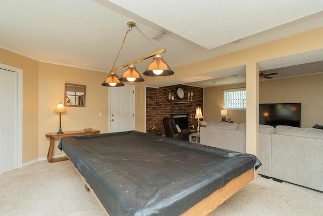 1510 Cannon Dr, Fort Oglethorpe, GA 30742 - playroom with a brick fireplace, light colored carpet, pool table, and a ceiling fan