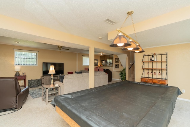 1510 Cannon Dr, Fort Oglethorpe, GA 30742 - rec room with pool table, carpet floors, a textured ceiling, and ceiling fan