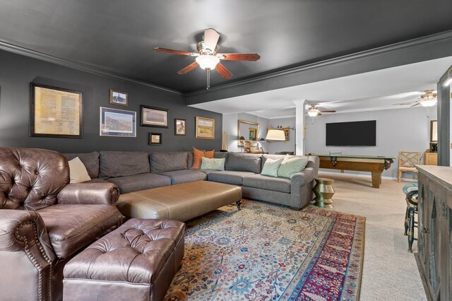 9420 Mountain Shadows Dr, Chattanooga, TN 37421 - living area with a ceiling fan, crown molding, carpet floors, and billiards