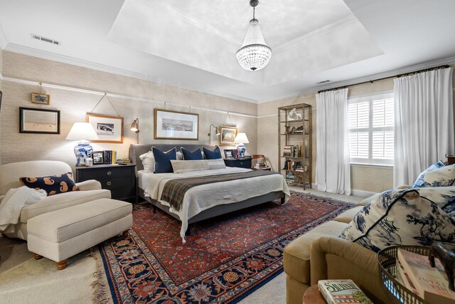 9420 Mountain Shadows Dr, Chattanooga, TN 37421 - bedroom with a raised ceiling, a chandelier, crown molding, and carpet