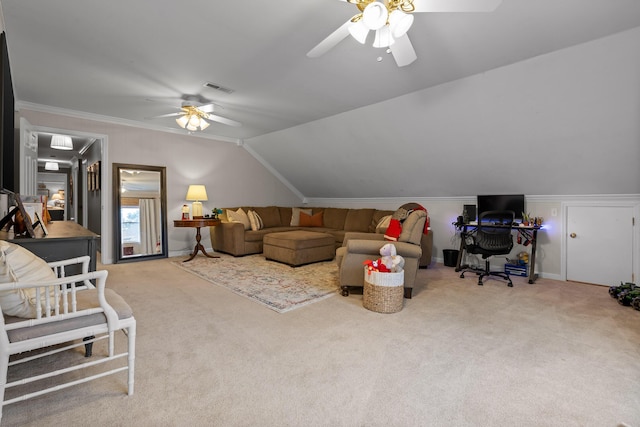 9420 Mountain Shadows Dr, Chattanooga, TN 37421 - carpeted living room with ceiling fan, lofted ceiling, and crown molding