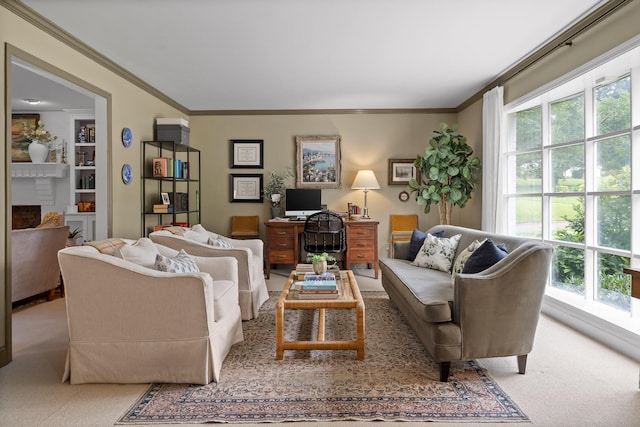 9420 Mountain Shadows Dr, Chattanooga, TN 37421 - carpeted living room featuring ornamental molding, a fireplace, and built in features