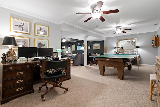 9420 Mountain Shadows Dr, Chattanooga, TN 37421 - office space with ceiling fan, light carpet, ornamental molding, billiards, and decorative columns