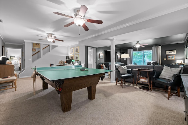 9420 Mountain Shadows Dr, Chattanooga, TN 37421 - recreation room featuring light colored carpet, crown molding, ceiling fan, and decorative columns