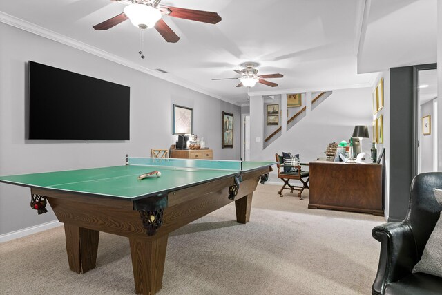 9420 Mountain Shadows Dr, Chattanooga, TN 37421 - playroom featuring light carpet, a ceiling fan, and crown molding