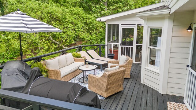 9420 Mountain Shadows Dr, Chattanooga, TN 37421 - wooden deck with an outdoor hangout area and a sunroom