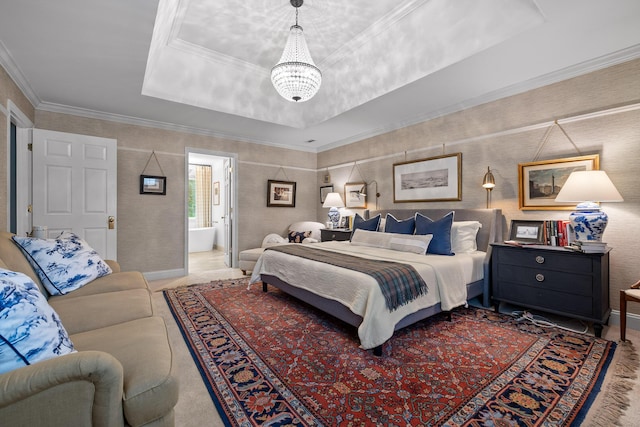 9420 Mountain Shadows Dr, Chattanooga, TN 37421 - bedroom with a raised ceiling, a chandelier, ornamental molding, and ensuite bathroom