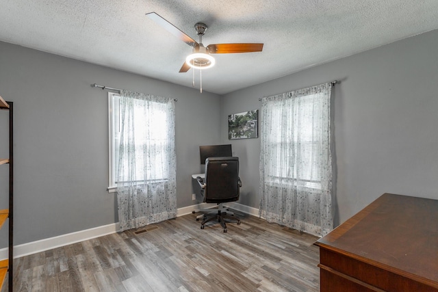 1602 Prater Rd, Chattanooga, TN 37412 - home office with wood finished floors, a ceiling fan, and a textured ceiling
