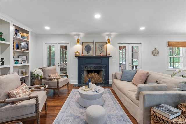 110 Linden St, Lookout Mountain, TN 37350 - living room featuring french doors, ornamental molding, dark wood-type flooring, a premium fireplace, and recessed lighting