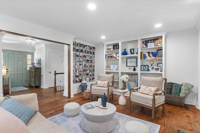 110 Linden St, Lookout Mountain, TN 37350 - living area with wood finished floors, crown molding, built in features, and recessed lighting