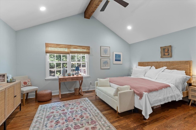 110 Linden St, Lookout Mountain, TN 37350 - bedroom with beam ceiling, wood finished floors, high vaulted ceiling, recessed lighting, and a ceiling fan