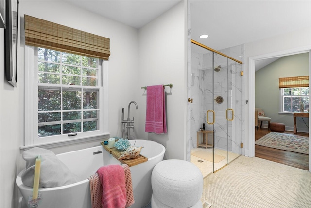 110 Linden St, Lookout Mountain, TN 37350 - full bath with a soaking tub, a marble finish shower, and wood finished floors