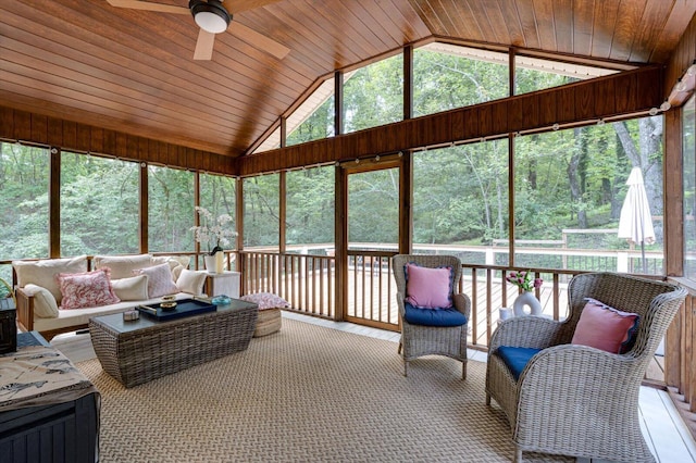 110 Linden St, Lookout Mountain, TN 37350 - sunroom with a ceiling fan, outdoor lounge area, lofted ceiling, and a view of trees
