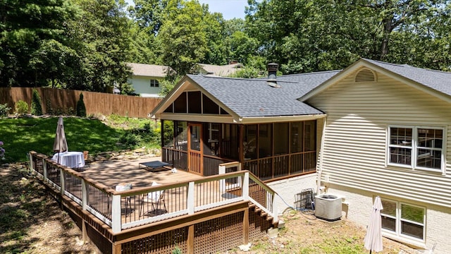 110 Linden St, Lookout Mountain, TN 37350 - rear view of property with a sunroom, a shingled roof, and a deck