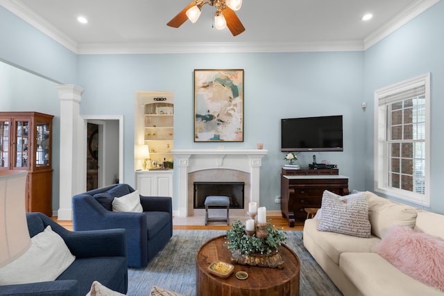 4101 Finch Ln, Chattanooga, TN 37419 - living area with a ceiling fan, a high end fireplace, crown molding, wood finished floors, and recessed lighting
