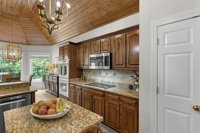 4101 Finch Ln, Chattanooga, TN 37419 - kitchen with a chandelier, stainless steel appliances, wooden ceiling, vaulted ceiling, and tasteful backsplash