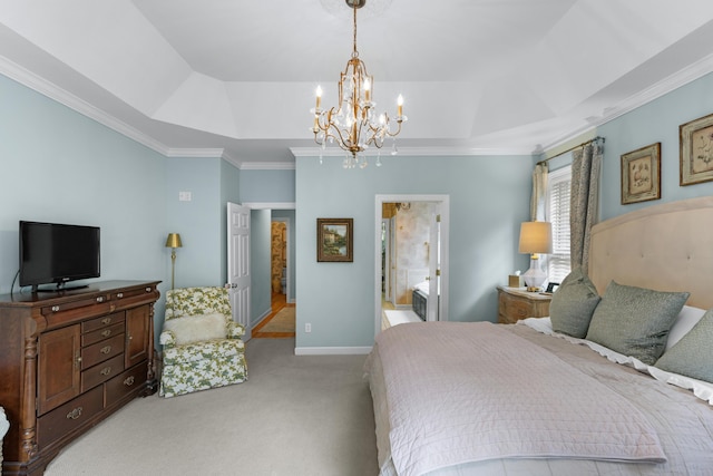 4101 Finch Ln, Chattanooga, TN 37419 - bedroom with a tray ceiling, light carpet, a chandelier, and crown molding