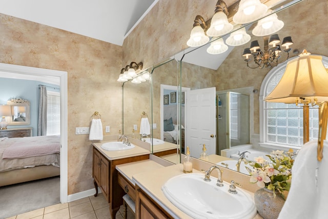 4101 Finch Ln, Chattanooga, TN 37419 - ensuite bathroom featuring vaulted ceiling, tile patterned flooring, two vanities, a chandelier, and a stall shower