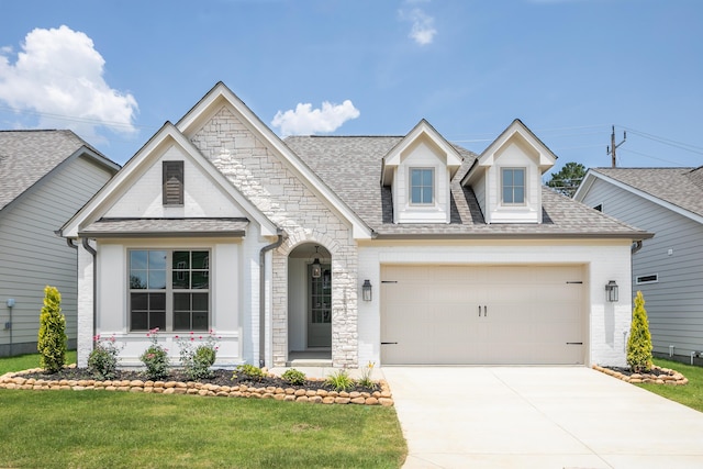 7853 Lemonade St, Chattanooga, TN 37421 - view of front of home with concrete driveway, an attached garage, stone siding, roof with shingles, and a front lawn