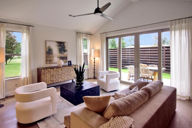 7829 Lemonade St, Chattanooga, TN 37421 - living room featuring healthy amount of natural light, wood finished floors, a ceiling fan, and high vaulted ceiling