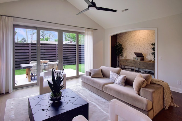 7829 Lemonade St, Chattanooga, TN 37421 - living area featuring vaulted ceiling, healthy amount of natural light, ceiling fan, and wood finished floors