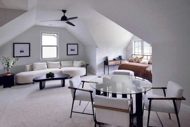 7829 Lemonade St, Chattanooga, TN 37421 - living area with carpet floors, a ceiling fan, and lofted ceiling