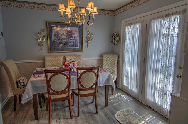 11080 US-11, Trenton, GA 30752 - dining area with a chandelier, wood finished floors, and wainscoting